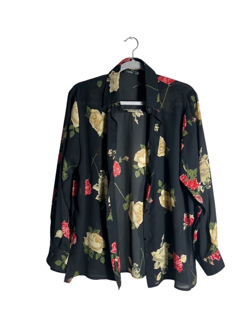 Sheer Floral Blouse Rose Print Black Overshirt Lightweight Layering Piece